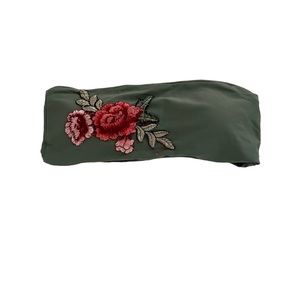 Green rose embroidered strapless bikini swim top